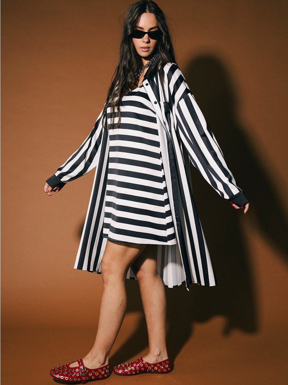 DRESSED IN LALA Striped Black & White Slip dress and duster (satin material) - Picture 2 of 8